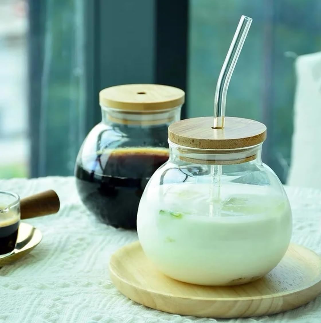 Bocal en Verre avec Couvercle Bambou & Paille – Tasse Ronde Écologique pour Boissons – Image 4