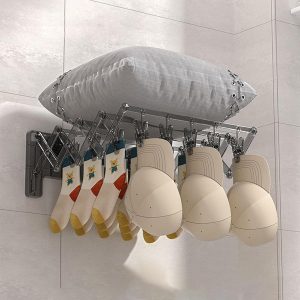 Étendoir Mural Pliable avec 20 Pinces – Support de Séchage Gain de Place pour Chaussettes, Sous-vêtements et Casquettes
