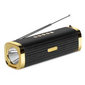 Lampe Torche Multifonction 3-en-1 – Enceinte Bluetooth, Radio et Éclairage – Doré
