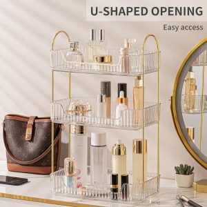Étagère de Rangement Cosmétique – 2 ou 3 Niveaux – Structure Dorée & Plateaux Transparente
