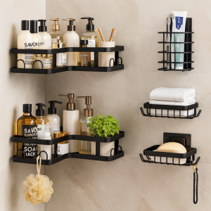 Pack 5 Étagères d’Angle Salle de Bain & Cuisine – Organisateur Mural Adhésif Sans Perçage – Noir Mat Premium