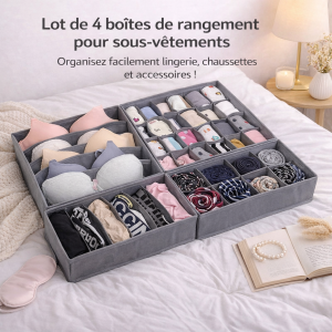 Lot de 4 Boîtes de Rangement pour Sous-vêtements Gris – Organisateurs de Tiroirs pour Lingerie et Chaussettes