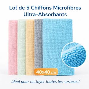 Lot de 5 Chiffons Microfibres Ultra-Absorbants – 40×40 cm