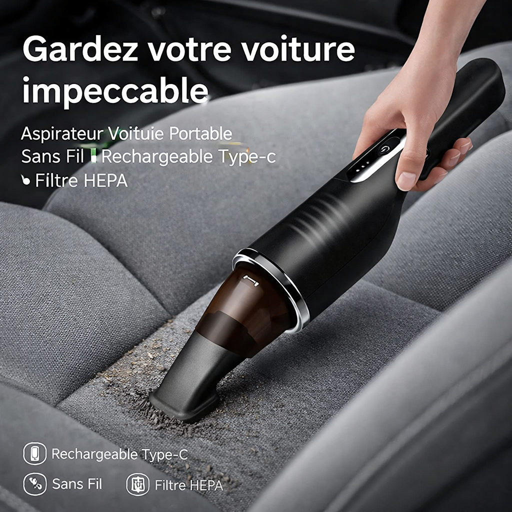 Aspirateur Voiture Portable – Rechargeable Type-C avec Filtre HEPA – Noir – Image 2