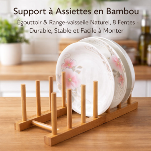 Support à Assiettes en Bambou – Égouttoir & Range-vaisselle Naturel, 8 Fentes – Durable, Stable et Facile à Monter