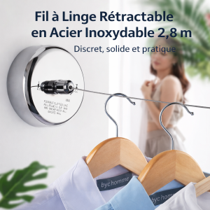 Fil à Linge Rétractable en Acier Inoxydable 2,8 m – Clothesline Murale Discrète & Solide