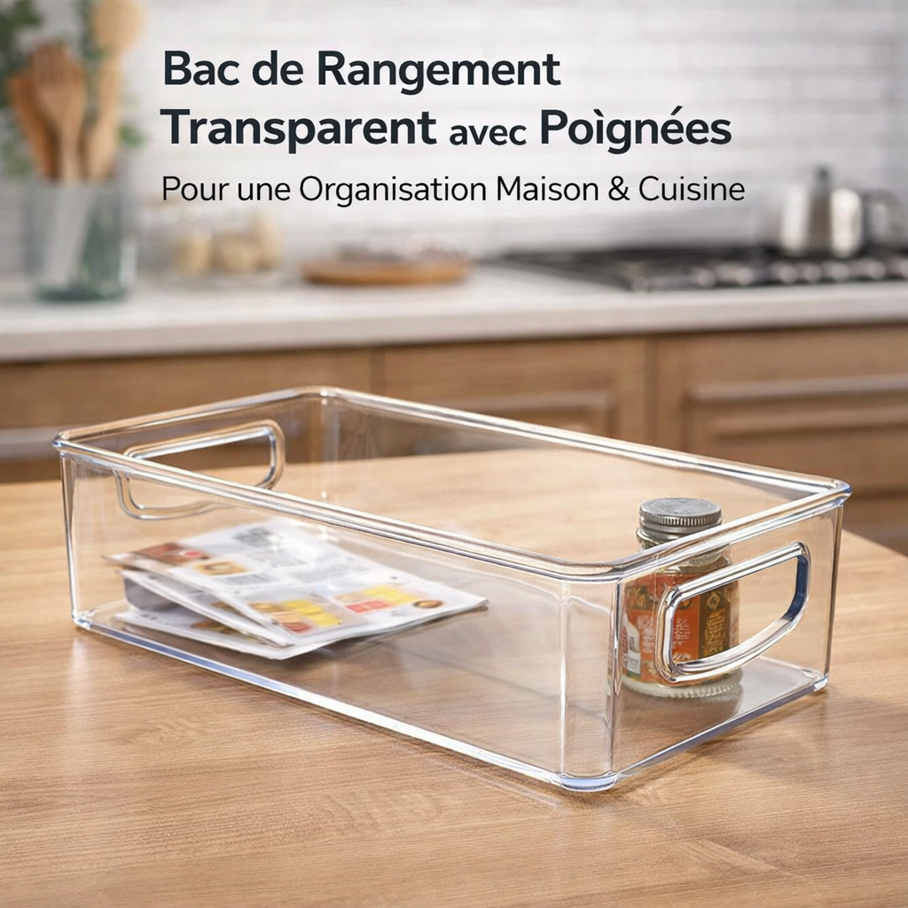 Bac de Rangement Transparent avec Poignées – Organisation Maison & Cuisine – 2 Tailles – Image 4