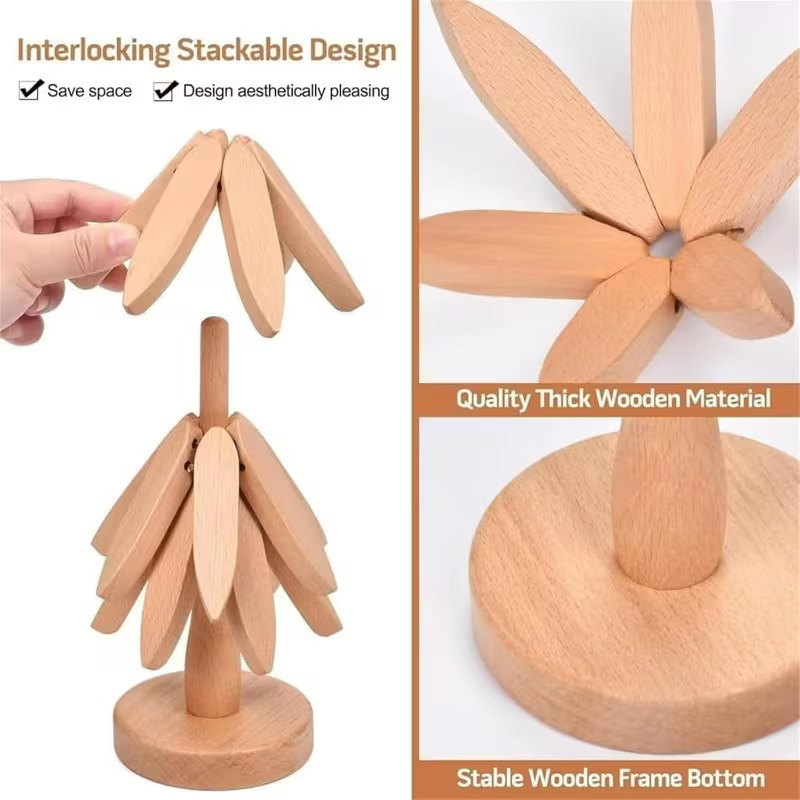 Dessous de Plat Pliable en Bois – Arbre Design – Lot de 6 Pièces – Support Anti-Chaleur Cuisine – Image 7