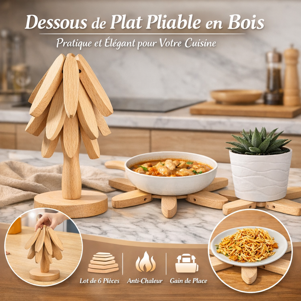 Dessous de Plat Pliable en Bois – Arbre Design – Lot de 6 Pièces – Support Anti-Chaleur Cuisine