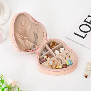 Boîte à Bijoux Cœur Rose avec Fermeture Zippée – Organisateur Compact 12x11x5 cm