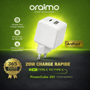 Chargeur Rapide Oraimo 20W USB-C avec Câble iPhone Ocw-5203ECC – Meilleur Prix Maroc