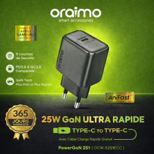 Chargeur Rapide iPhone Oraimo 25W avec Câble Lightning 5251ecc – Qualité Premium
