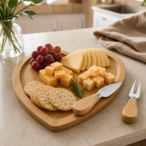 Plateau à Fromage en Bambou Cœur avec Couteau & Fourchette – Set Apéritif Élégant