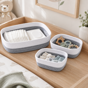 Lot de 3 Paniers de Rangement en Corde de Coton – Paniers Déco Gris et Blanc pour Maison