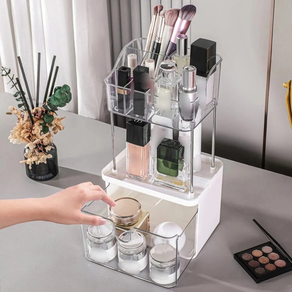 Organisateur de Maquillage avec Tiroir – Rangement Cosmétique 2 Niveaux pour Salle de Bain et Coiffeuse