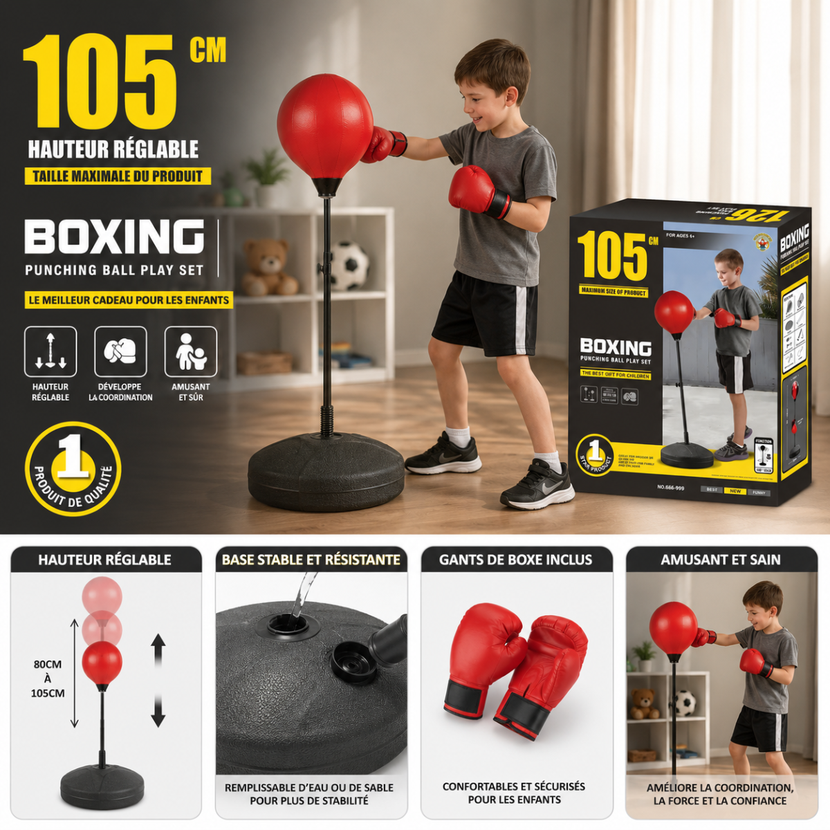 Set de Boxe pour Enfant avec Punching Ball sur Pied Réglable et Gants – Hauteur Ajustable jusqu’à 105 cm dès 6 Ans
