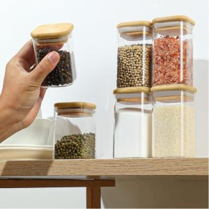 Bocal de Conservation Transparent 200 ml avec Couvercle Effet Bois – Pot Hermétique pour Épices, Graines, Café et Aliments Secs